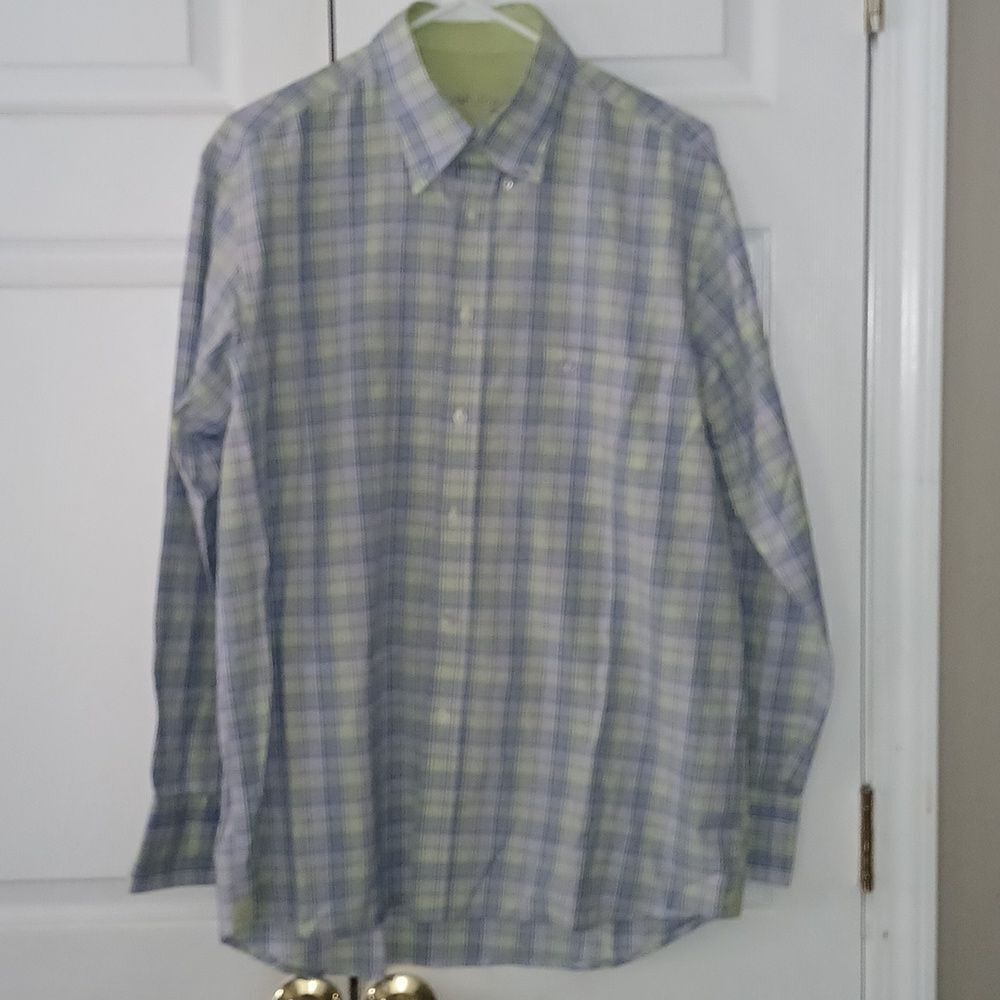 Vardas Mare  blue seafoam green block print button down casual dress shirt Sz M